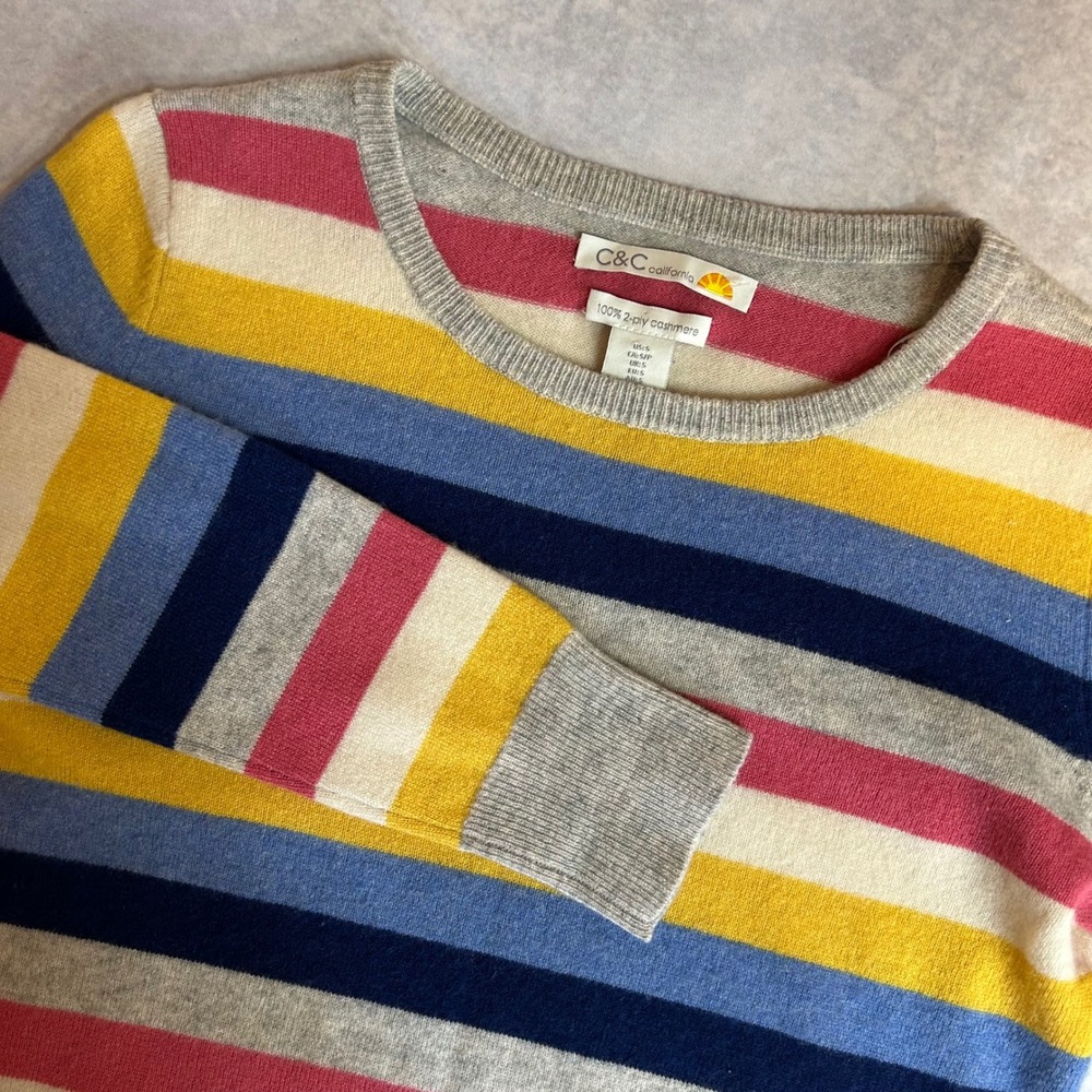 C&C California Womens 100% 2-Ply Cashmere Striped Crew Neck Sweater Small Gray